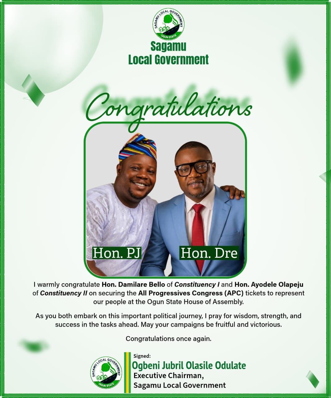 Sagamu LG Chairman Hails Bello, Olapeju As APC Assembly Flag Bearers