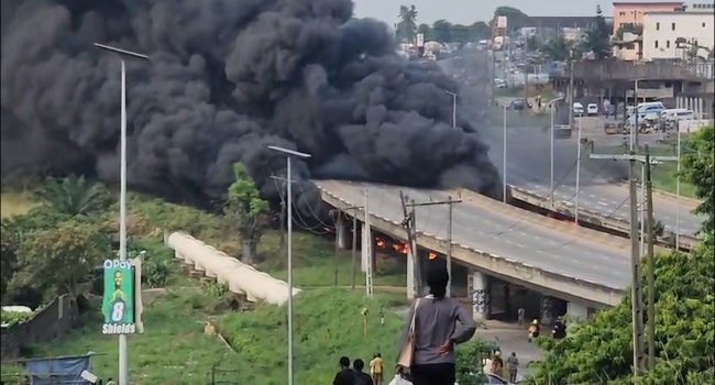 Two Injured As Tanker Plunges From Otedola Bridge, Bursts Into Flames
